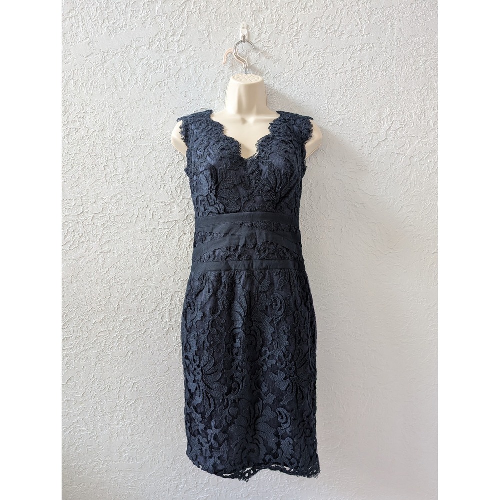 Tadashi Shoji Lace Sheath Dress Women 0 Poly Nylon Navy Blue Scalloped V-Neck